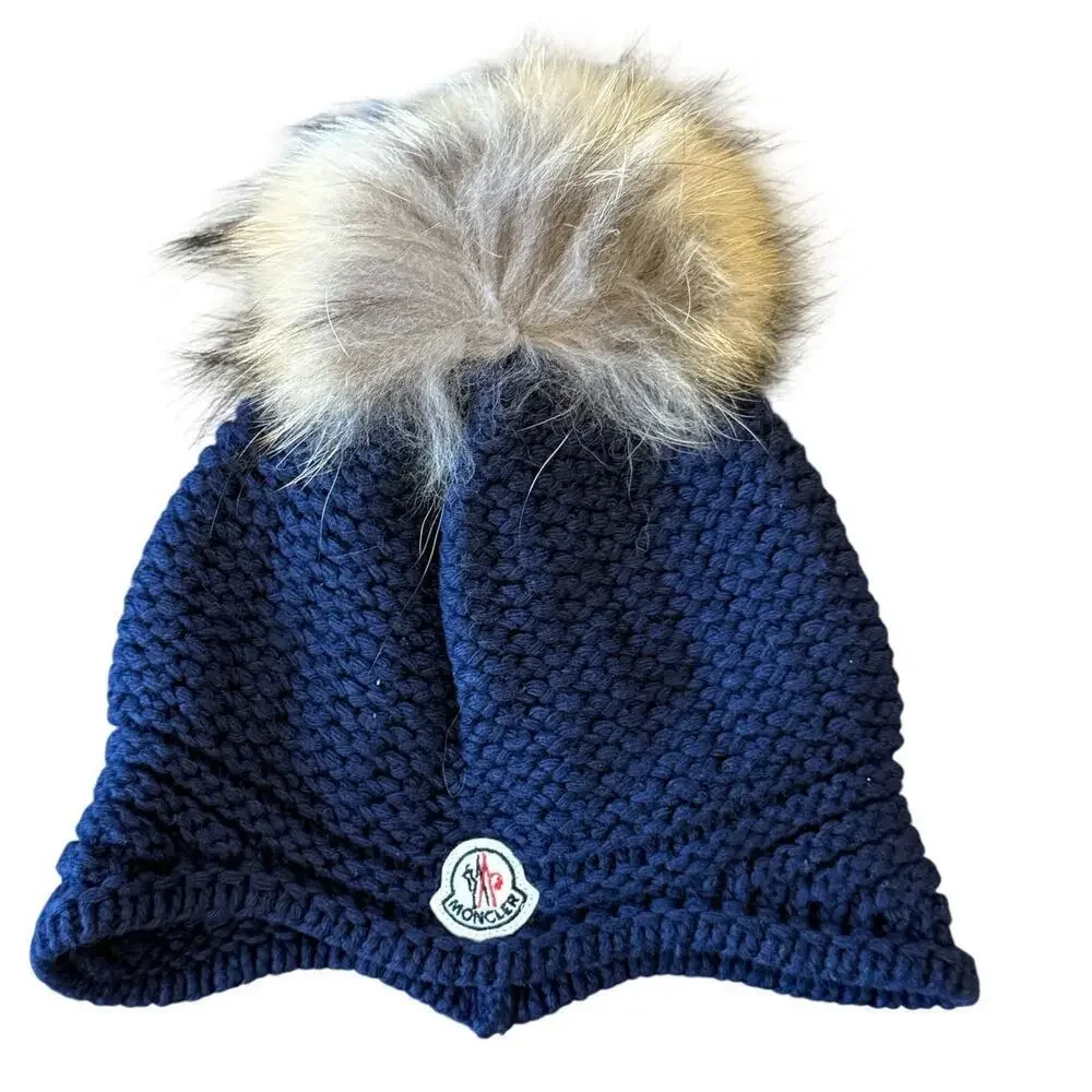 MONCLER Navy Knit Beanie Hat Cap Fur Pom Pom Youth Kids size Small S Ski Snow